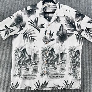 Kennington Ltd Vintage Hawaiian Shirt Mens XL Black White Tiki Sailboat Aloha